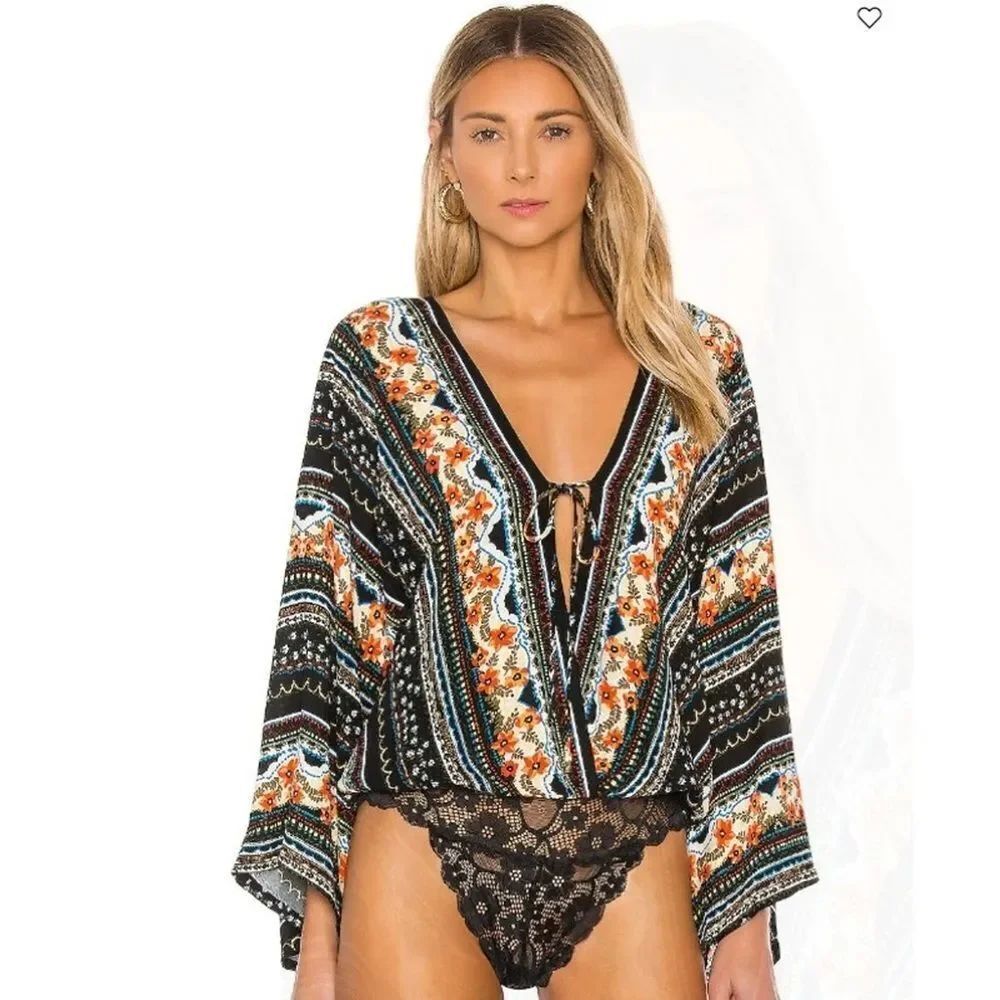 Free People Boho Stripe Mix Top in Black, Pink & Blue